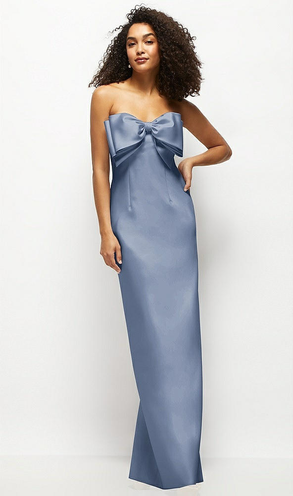 Front View - Larkspur Blue Strapless Satin Column Maxi Dress with Oversized Handcrafted Bow