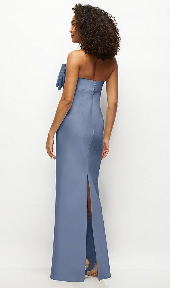 Back View - Larkspur Blue Strapless Satin Column Maxi Dress with Oversized Handcrafted Bow