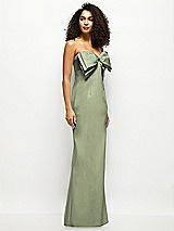 Side View Thumbnail - Sage Strapless Satin Column Maxi Dress with Oversized Handcrafted Bow