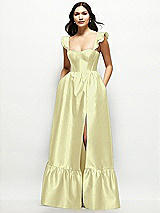 Front View Thumbnail - Butter Yellow Satin Corset Maxi Dress with Ruffle Straps & Skirt