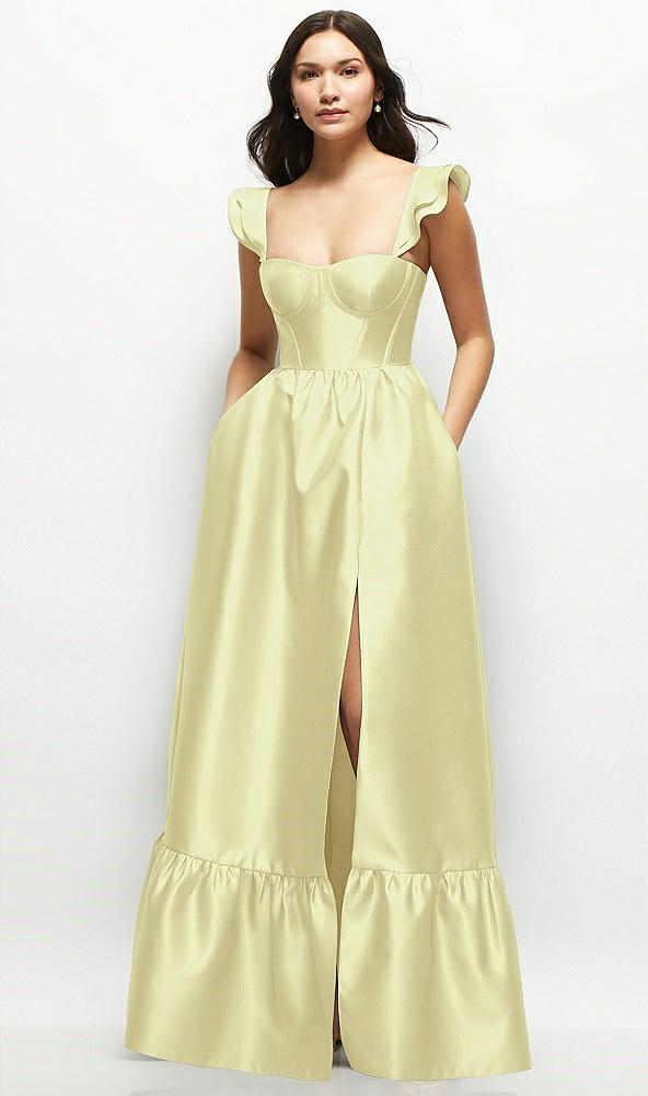 Front View - Butter Yellow Satin Corset Maxi Dress with Ruffle Straps & Skirt