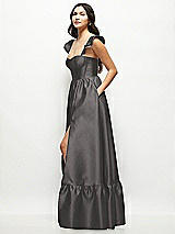 Side View Thumbnail - Caviar Gray Satin Corset Maxi Dress with Ruffle Straps & Skirt