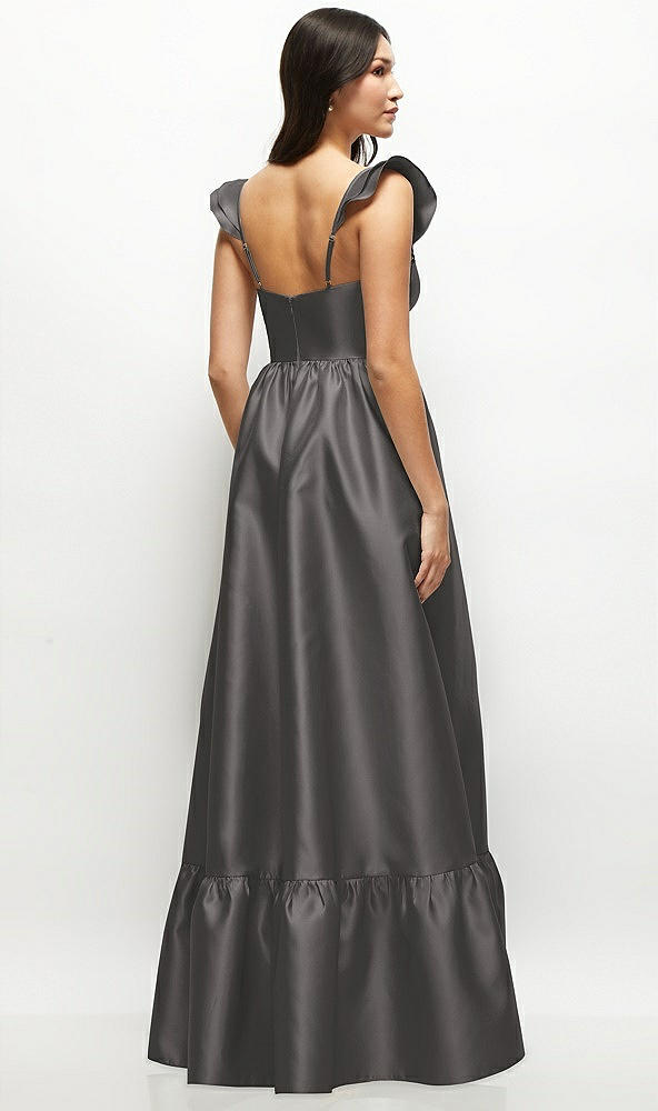 Back View - Caviar Gray Satin Corset Maxi Dress with Ruffle Straps & Skirt