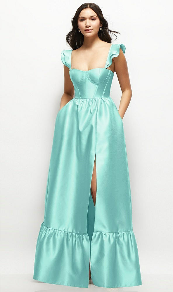 Front View - Coastal Satin Corset Maxi Dress with Ruffle Straps & Skirt