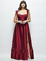 Alt View 1 Thumbnail - Burgundy Satin Corset Maxi Dress with Ruffle Straps & Skirt