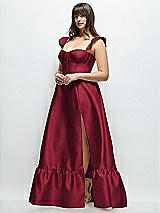 Alt View 2 Thumbnail - Burgundy Satin Corset Maxi Dress with Ruffle Straps & Skirt