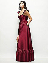 Side View Thumbnail - Burgundy Satin Corset Maxi Dress with Ruffle Straps & Skirt