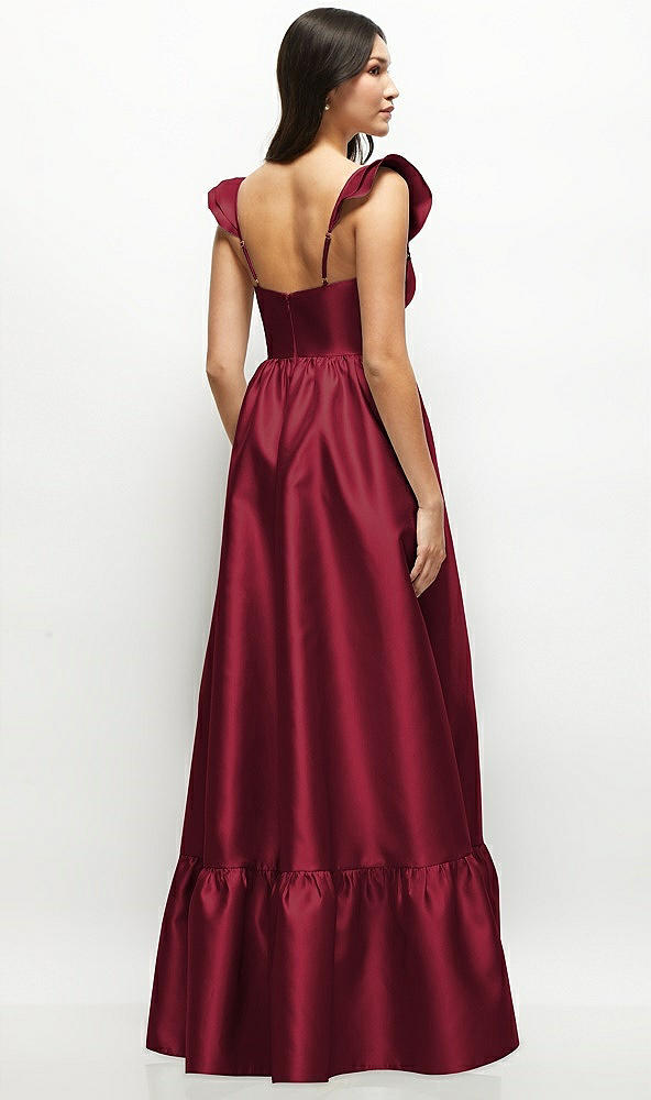 Back View - Burgundy Satin Corset Maxi Dress with Ruffle Straps & Skirt