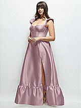 Alt View 2 Thumbnail - Dusty Rose Satin Corset Maxi Dress with Ruffle Straps & Skirt