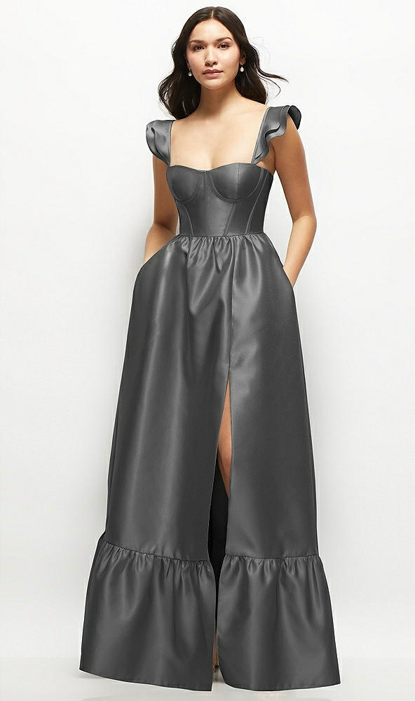 Front View - Gunmetal Satin Corset Maxi Dress with Ruffle Straps & Skirt