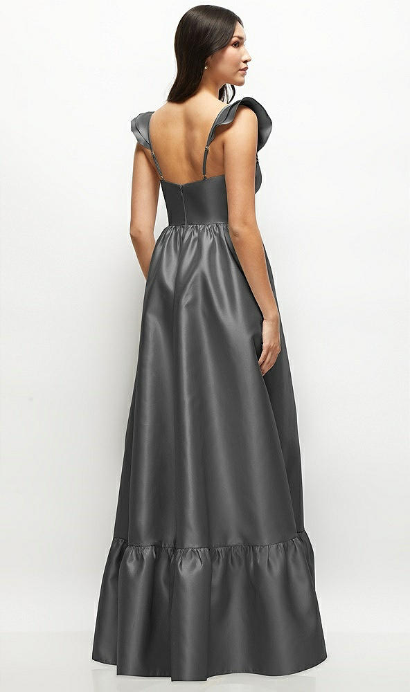 Back View - Gunmetal Satin Corset Maxi Dress with Ruffle Straps & Skirt