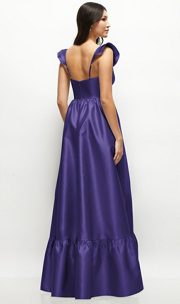 Back View - Grape Satin Corset Maxi Dress with Ruffle Straps & Skirt