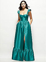 Front View Thumbnail - Jade Satin Corset Maxi Dress with Ruffle Straps & Skirt