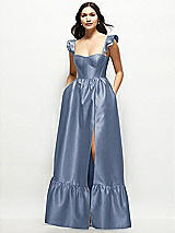 Front View Thumbnail - Larkspur Blue Satin Corset Maxi Dress with Ruffle Straps & Skirt