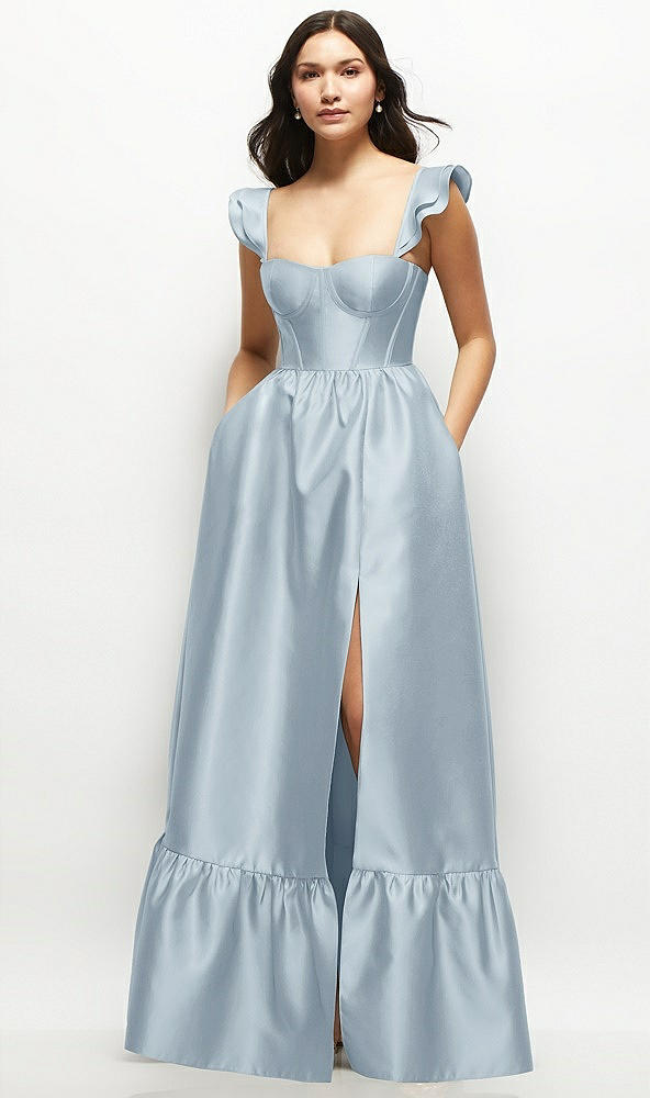 Front View - Mist Satin Corset Maxi Dress with Ruffle Straps & Skirt