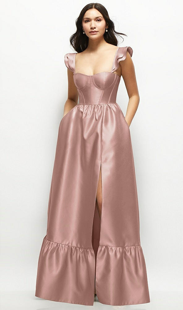 Front View - Neu Nude Satin Corset Maxi Dress with Ruffle Straps & Skirt