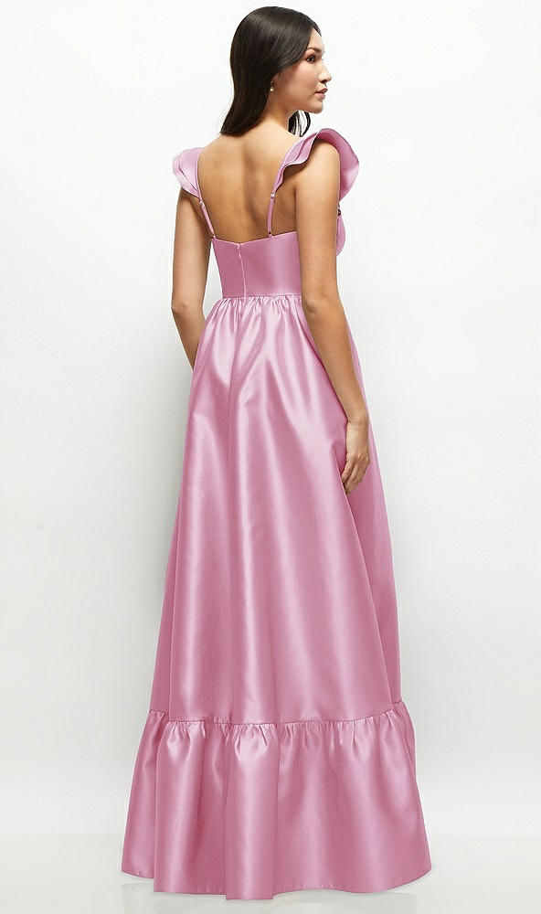 Back View - Powder Pink Satin Corset Maxi Dress with Ruffle Straps & Skirt