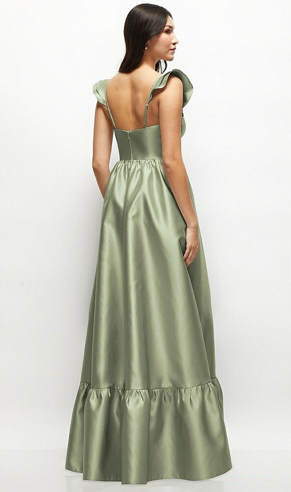 Back View - Sage Satin Corset Maxi Dress with Ruffle Straps & Skirt