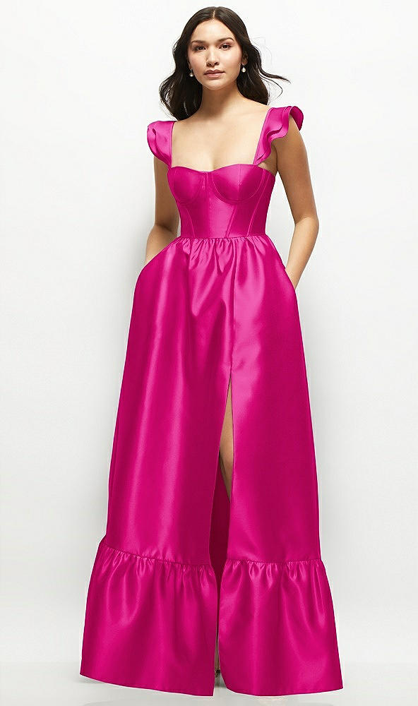 Front View - Think Pink Satin Corset Maxi Dress with Ruffle Straps & Skirt