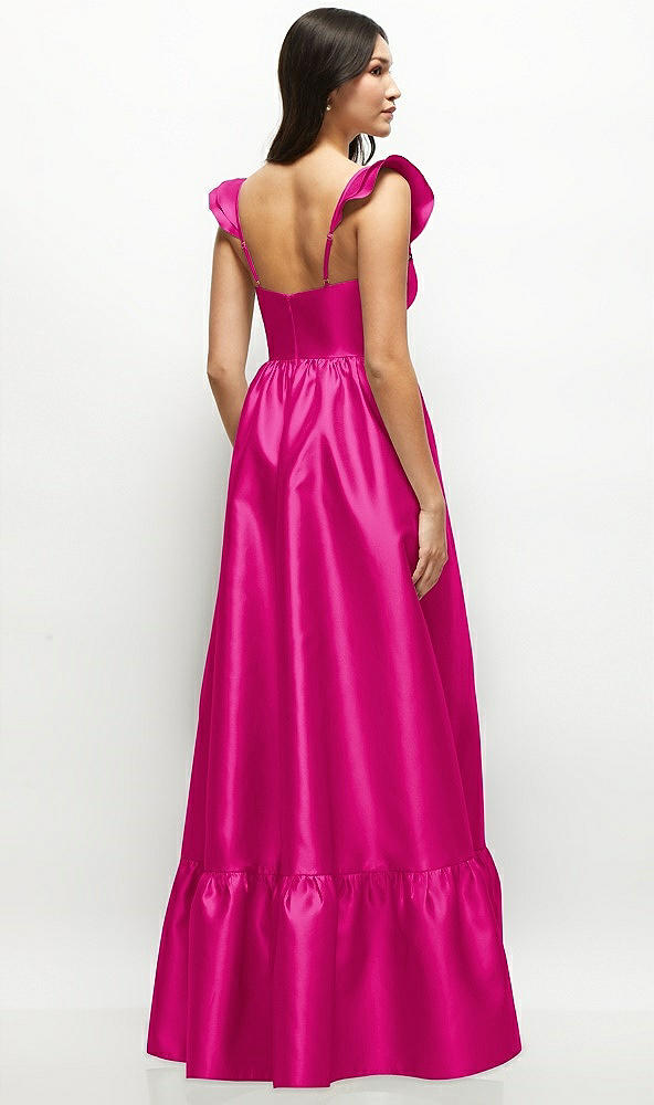 Back View - Think Pink Satin Corset Maxi Dress with Ruffle Straps & Skirt