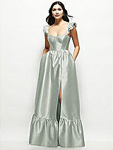 Front View Thumbnail - Willow Green Satin Corset Maxi Dress with Ruffle Straps & Skirt