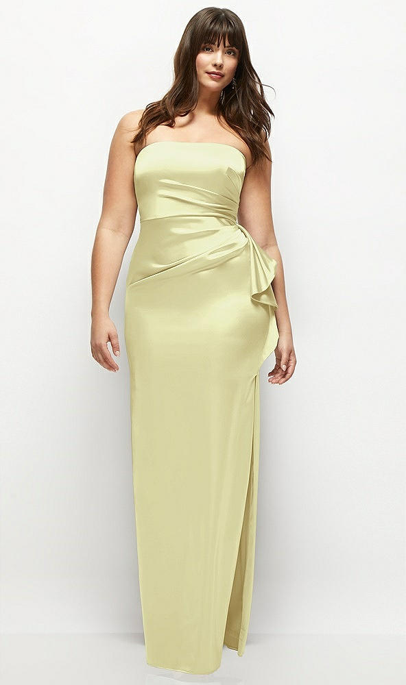 Front View - Butter Yellow Strapless Draped Skirt Satin Maxi Dress with Cascade Ruffle