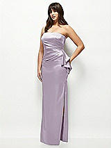 Side View Thumbnail - Lilac Haze Strapless Draped Skirt Satin Maxi Dress with Cascade Ruffle