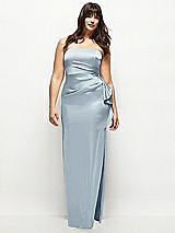 Front View Thumbnail - Mist Strapless Draped Skirt Satin Maxi Dress with Cascade Ruffle