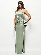 Side View Thumbnail - Sage Strapless Draped Skirt Satin Maxi Dress with Cascade Ruffle