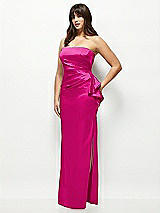 Side View Thumbnail - Think Pink Strapless Draped Skirt Satin Maxi Dress with Cascade Ruffle