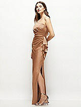 Alt View 2 Thumbnail - Toffee Strapless Draped Skirt Satin Maxi Dress with Cascade Ruffle