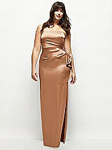 Front View Thumbnail - Toffee Strapless Draped Skirt Satin Maxi Dress with Cascade Ruffle