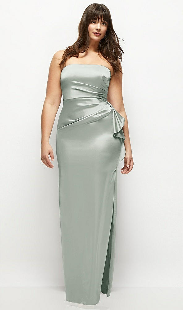 Front View - Willow Green Strapless Draped Skirt Satin Maxi Dress with Cascade Ruffle