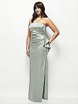 Side View Thumbnail - Willow Green Strapless Draped Skirt Satin Maxi Dress with Cascade Ruffle