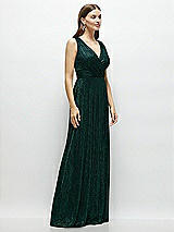 Side View Thumbnail - Metallic Evergreen Draped V-Neck Pleated Metallic Maxi Dress with Deep V-Back