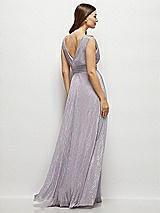 Rear View Thumbnail - Metallic Lilac Haze Draped V-Neck Pleated Metallic Maxi Dress with Deep V-Back