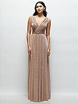 Front View Thumbnail - Metallic Sienna Draped V-Neck Pleated Metallic Maxi Dress with Deep V-Back