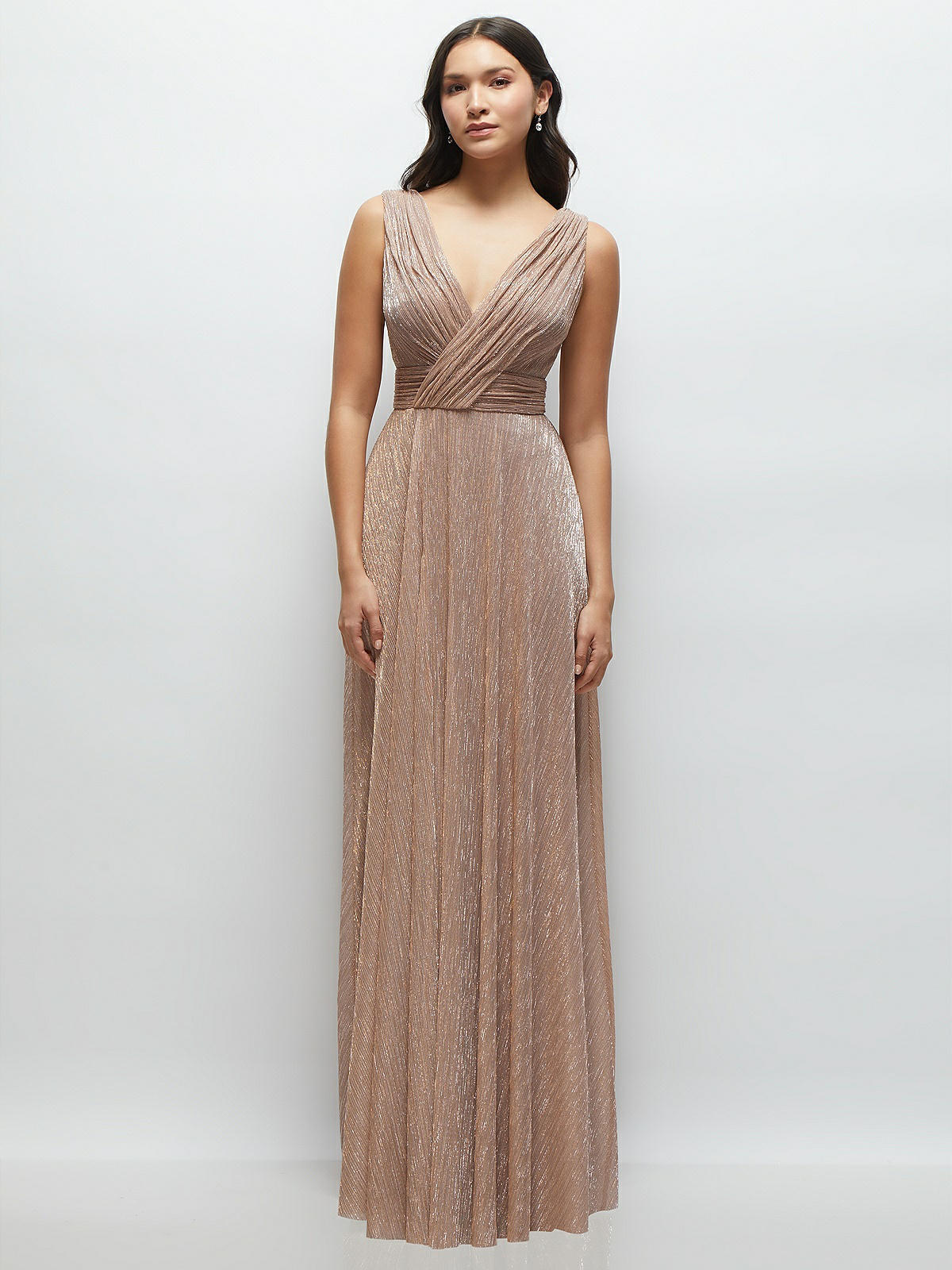 Draped V-neck Pleated Metallic Maxi Bridesmaid Dress With Deep V-back In  Metallic Sienna | The Dessy Group