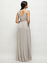 Rear View Thumbnail - Metallic Taupe Draped V-Neck Pleated Metallic Maxi Dress with Deep V-Back