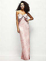 Front View Thumbnail - Bow And Blossom Print Strapless Floral Satin Column Maxi Dress with Oversized Bow