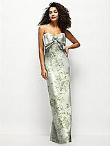 Front View Thumbnail - Sage Cottage Rose Strapless Floral Satin Column Maxi Dress with Oversized Bow