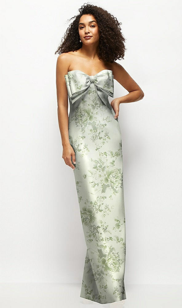 Front View - Sage Cottage Rose Strapless Floral Satin Column Maxi Dress with Oversized Bow