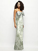 Side View Thumbnail - Sage Cottage Rose Strapless Floral Satin Column Maxi Dress with Oversized Bow