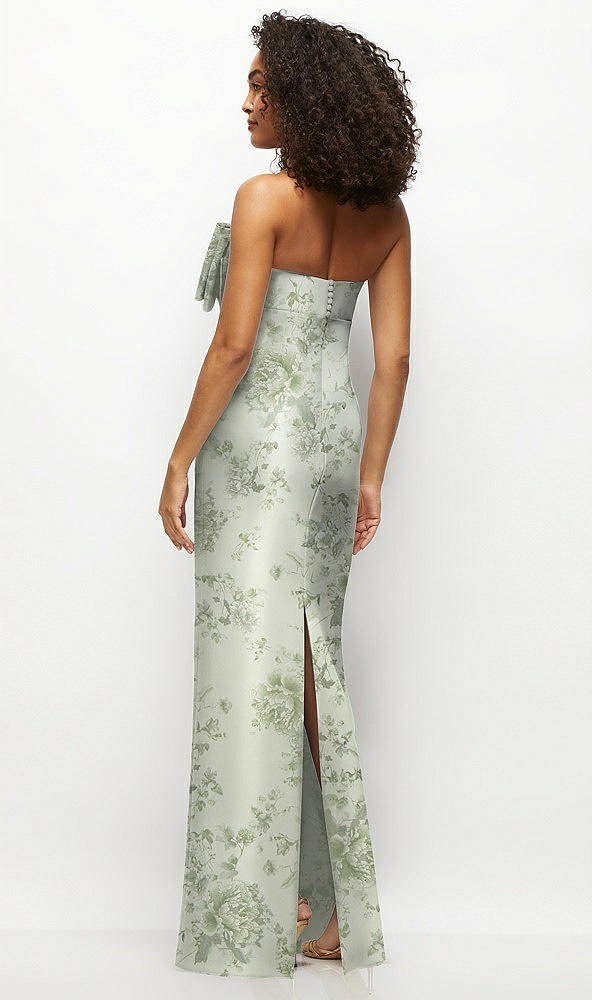 Back View - Sage Cottage Rose Strapless Floral Satin Column Maxi Dress with Oversized Bow