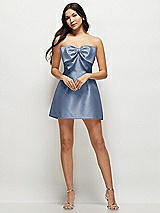 Front View Thumbnail - Larkspur Blue Strapless Bell Skirt Satin Mini Dress with Oversized Bow