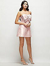 Side View Thumbnail - Bow And Blossom Print Strapless Bell Skirt Floral Satin Mini Dress with Oversized Bow