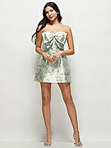 Front View Thumbnail - Sage Cottage Rose Strapless Bell Skirt Floral Satin Mini Dress with Oversized Bow