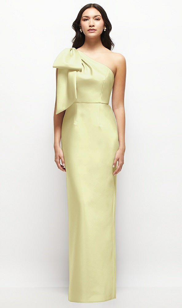 Front View - Butter Yellow Oversized Bow One-Shoulder Satin Column Maxi Dress