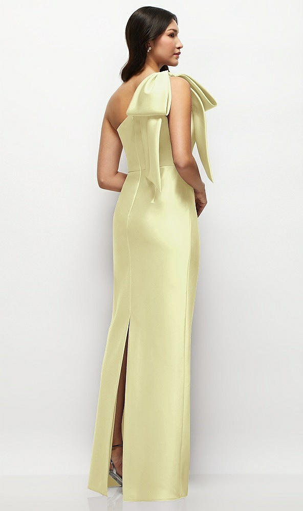 Back View - Butter Yellow Oversized Bow One-Shoulder Satin Column Maxi Dress