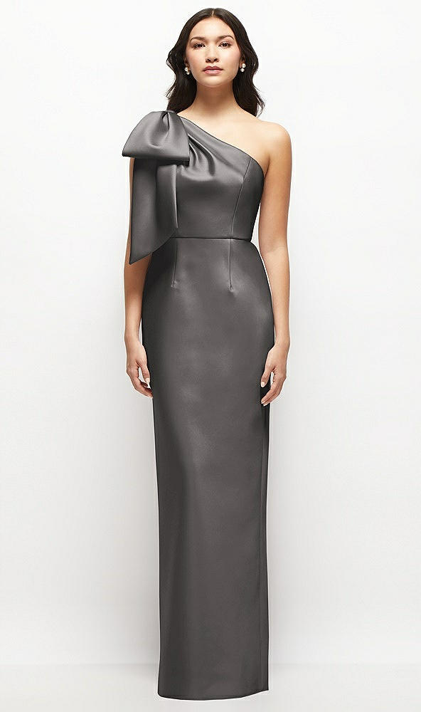 Front View - Caviar Gray Oversized Bow One-Shoulder Satin Column Maxi Dress